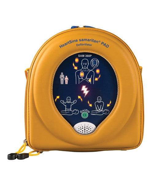 A photograph of the HeartSine 360P AED, a portable and user-friendly defibrillator. The device features a clear interface with visual and audio prompts to guide rescuers through the defibrillation process. The front panel includes a screen, electrode pads, and straightforward instructions. This image represents an essential life-saving tool designed for quick response to sudden cardiac emergencies