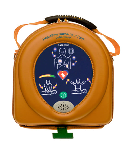 A photograph of the HeartSine 300P AED, a compact and portable defibrillator. The device features a user-friendly interface with visual and audio prompts for guiding rescuers through the defibrillation process. The front panel includes a screen, electrode pads, and clear instructions. This image represents a life-saving device designed for responding to sudden cardiac emergencies