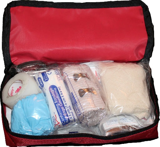 A photograph of a compact first aid kit containing essential medical supplies. The small kit includes bandages, adhesive strips, antiseptic wipes, and other basic first aid items. Its size suggests portability and convenience, making it suitable for on-the-go or personal use. This image represents a handy and compact solution for addressing minor injuries