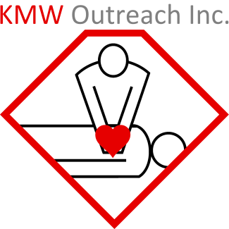 The KMW Outreach logo features a distinctive pentagon design of a person performing CPR. The logo includes the letters 'KMW' creatively integrated with symbols or imagery that represent the organization's outreach mission. This image serves as a visual representation of the KMW Outreach brand