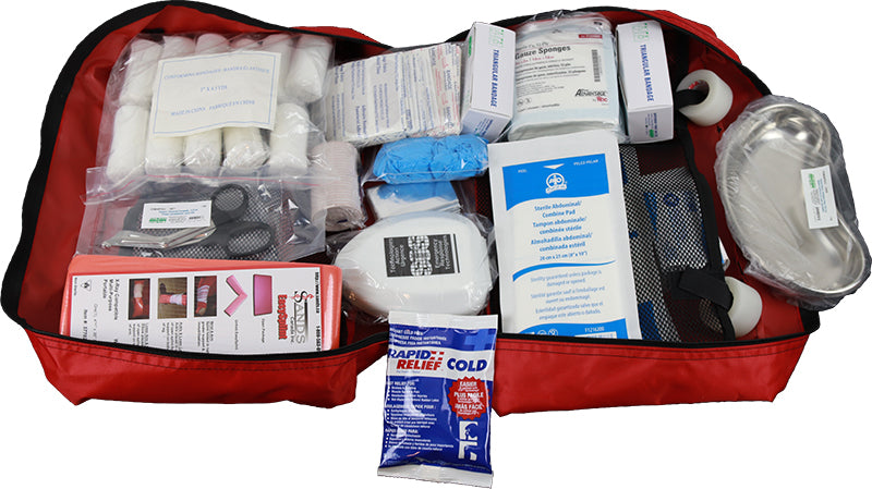 A photograph of a large first aid kit containing a variety of medical supplies. The kit is equipped with bandages, gauze, antiseptic wipes, scissors, and other essential first aid items. Its size suggests comprehensive readiness for addressing a range of injuries and emergencies. This image represents a well-prepared and fully stocked first aid kit