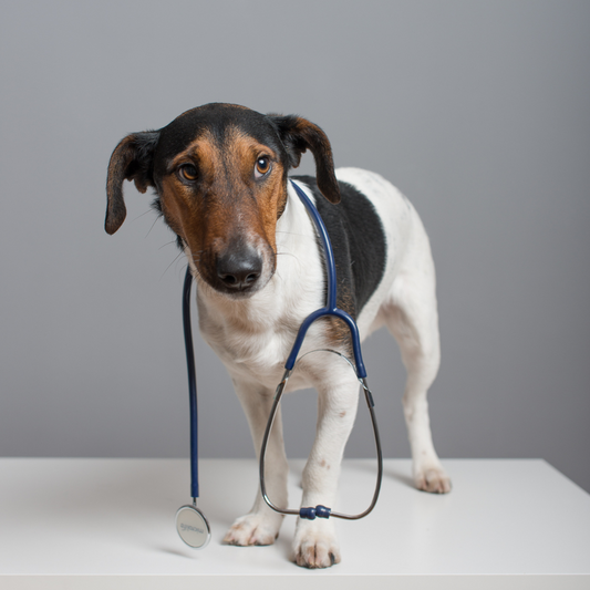 A delightful small dog, possibly a toy breed, wearing a stethoscope around its neck. The dog has an endearing expression, suggesting a playful or caring demeanor. This charming image evokes a sense of lightheartedness and affection, with the dog appearing as a friendly companion or perhaps a 'pet doctor